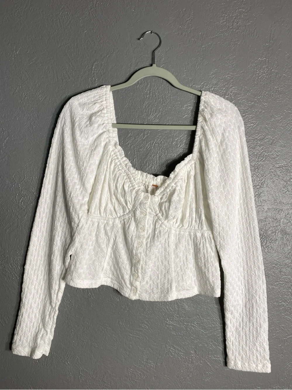 Free People Peasant Crop Top XL Ivory Square Neck Textured Milkmaid Blouse